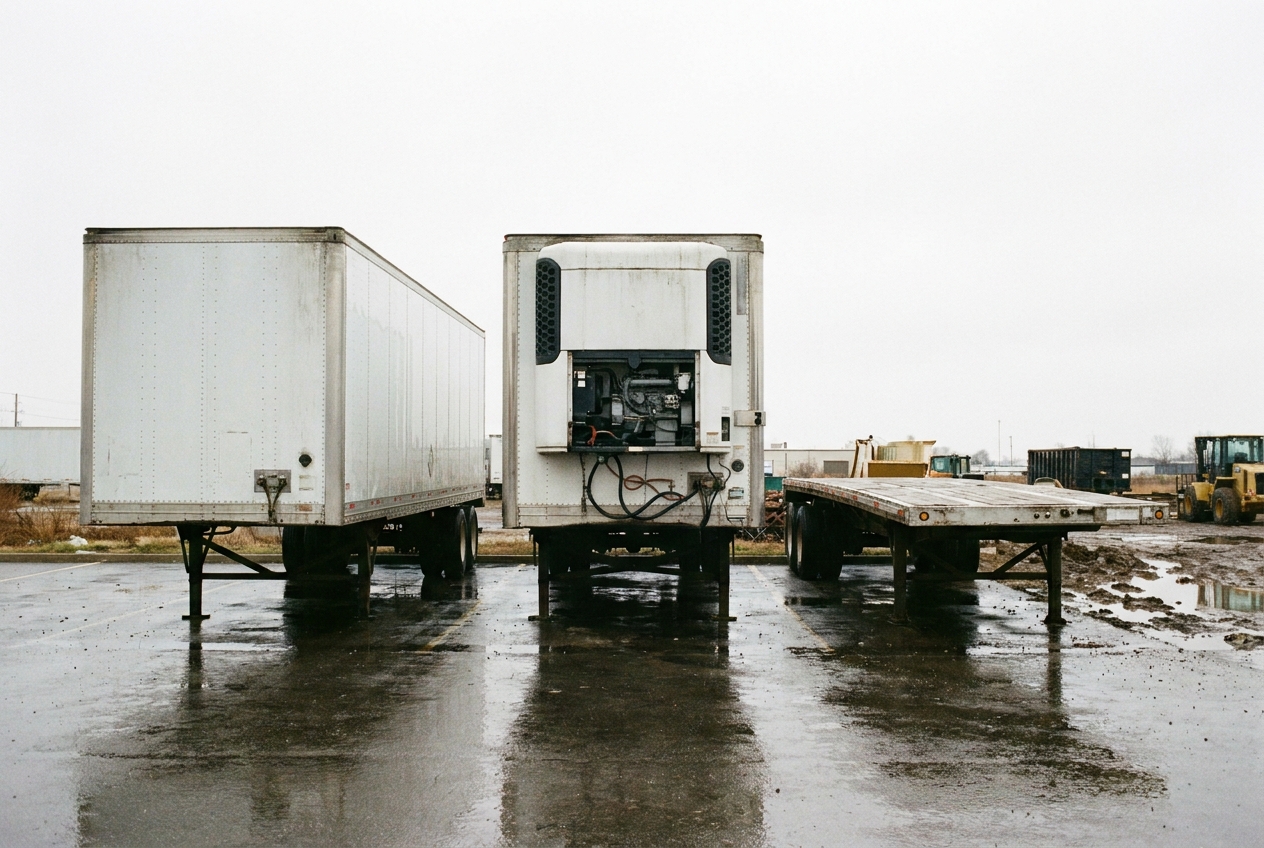 Row of freight trailers parked at a truck terminal including a dry van, a refrigerated trailer, and a flatbed