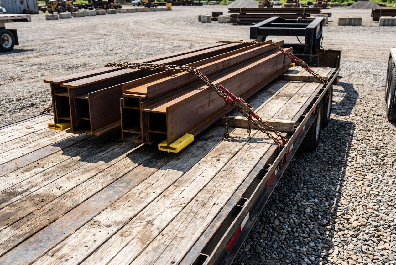 Flatbed trailer loaded with bundled steel beams secured by chains and binders at an outdoor staging yard