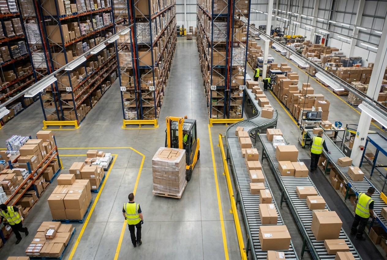 Overhead view of a distribution warehouse floor with rows of pallet racking and forklifts staging outbound cartons