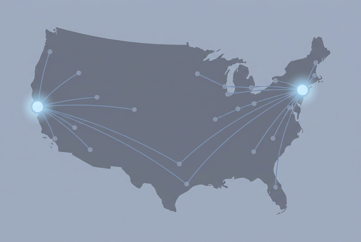 Map-style diagram of two distribution nodes on opposite US coasts with parcel routes fanning out to nearby regions