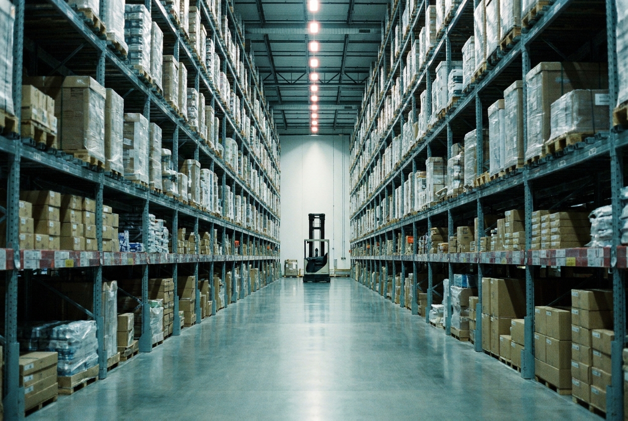 High-bay pallet racking filling a large storage warehouse with boxed inventory under overhead lighting