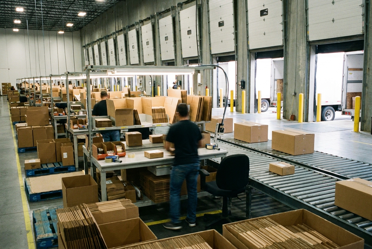 Workers picking and packing individual ecommerce orders at packing stations near loading dock doors in a distribution center