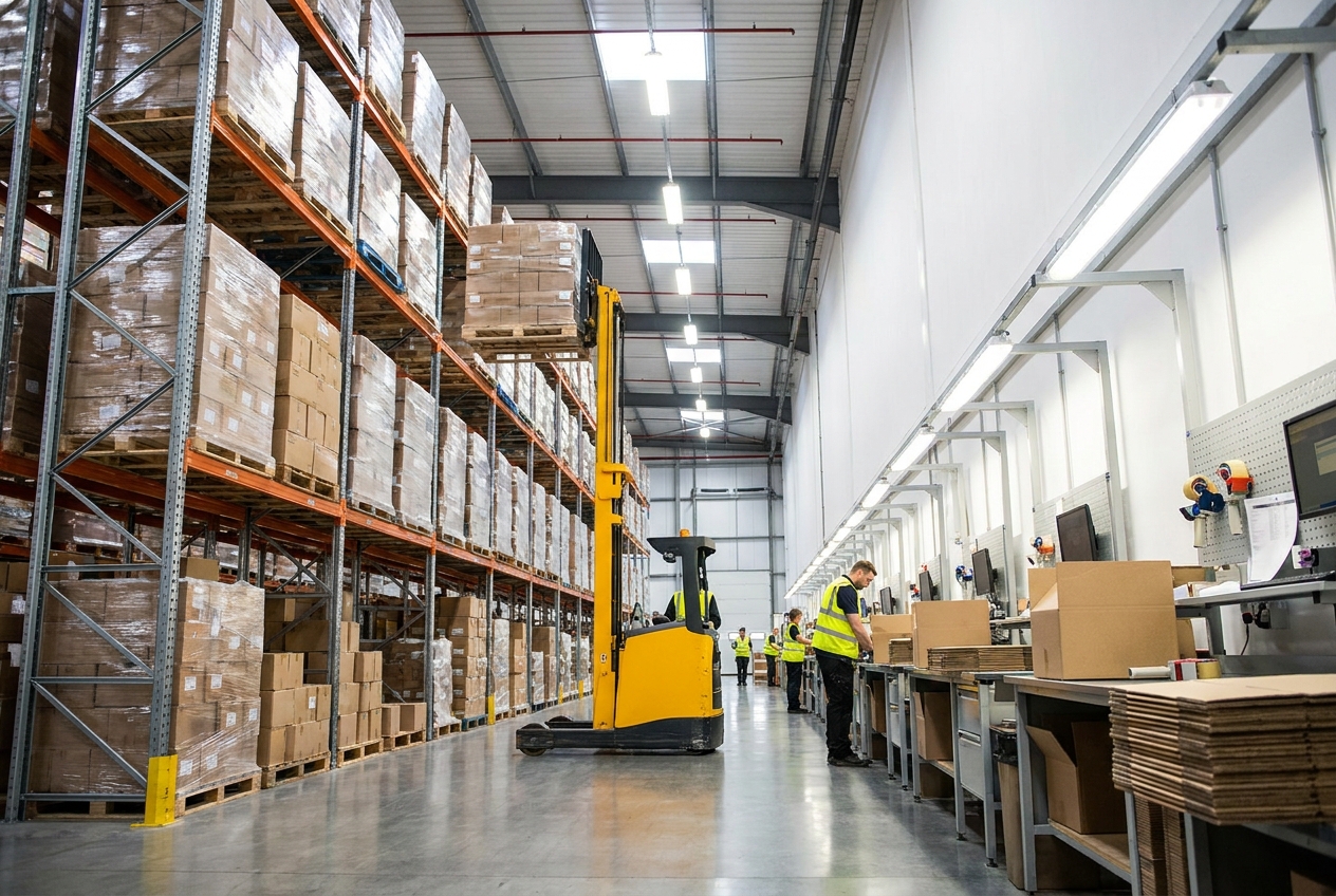 Interior of a third-party logistics warehouse with tall pallet racking, a forklift moving a loaded pallet, and packing stations along one wall