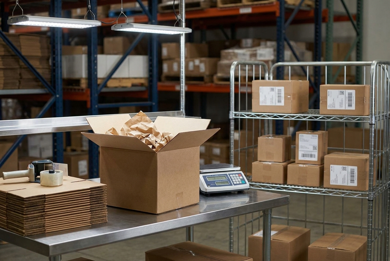 Packing station in a fulfillment center with an open shipping carton, dunnage, a scale, and rows of small-parcel orders staged for carrier pickup