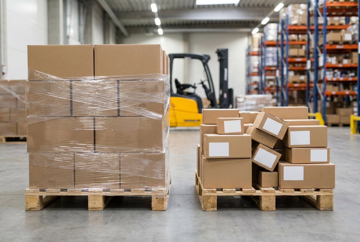 Two shipping pallets side by side on a warehouse floor, one wrapped for LTL freight and one staged for parcel fulfillment