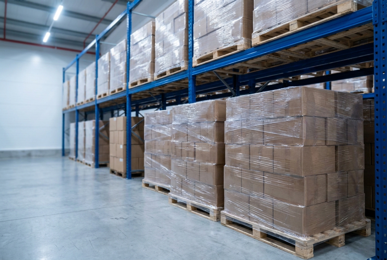 Stacked pallets of imported cartons stored inside a secured bonded warehouse under overhead lighting