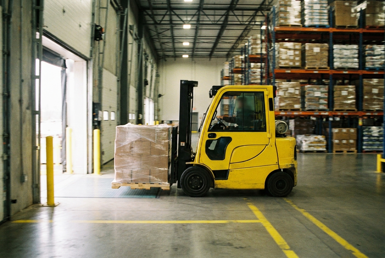 Forklift moving a shrink-wrapped pallet toward a loading dock inside a customs bonded distribution facility