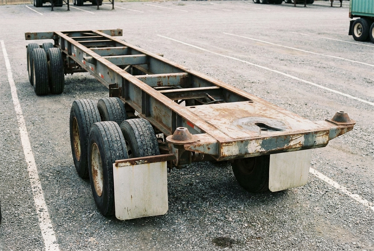 Empty 40-foot container chassis with kingpin and rear twist locks parked in a marine terminal yard