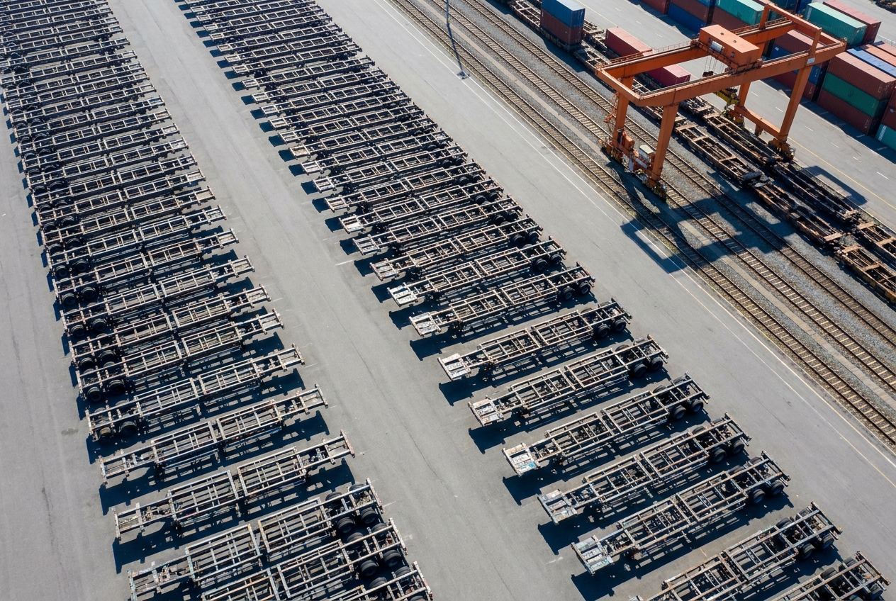 Row of container chassis staged in a shared chassis pool lot beside a rail intermodal ramp