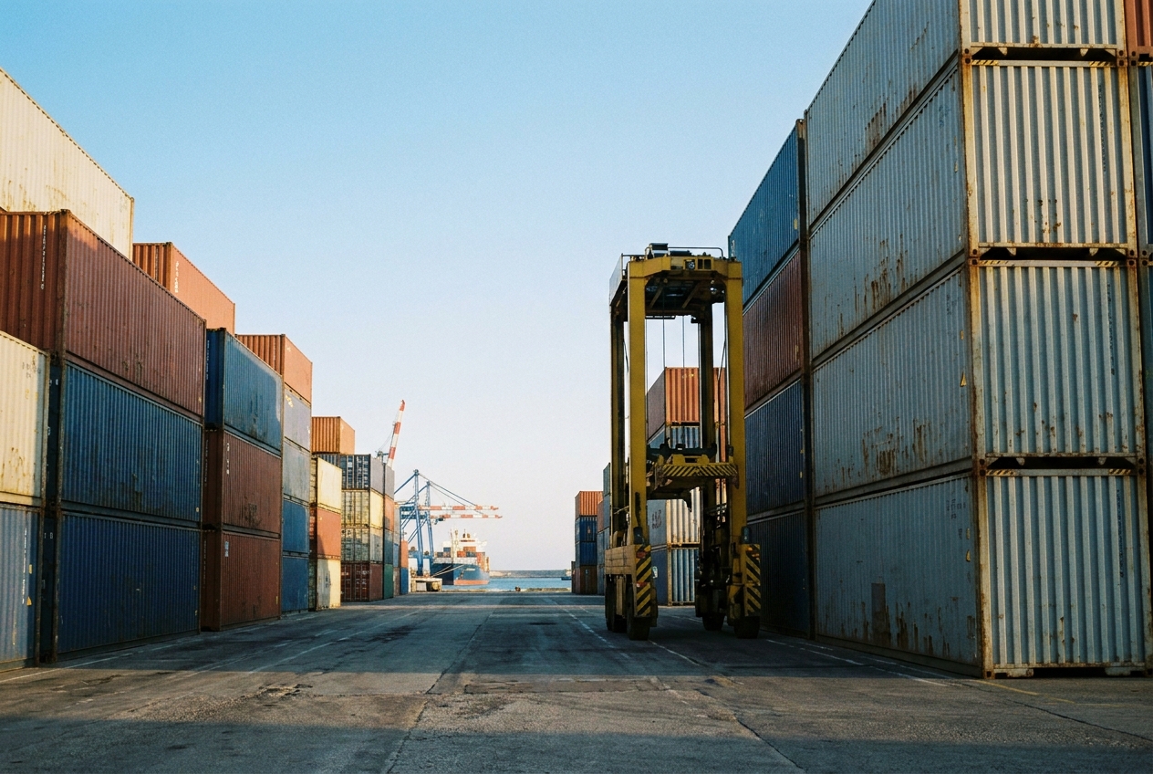 Stacked import shipping containers at a U.S. port terminal awaiting customs release