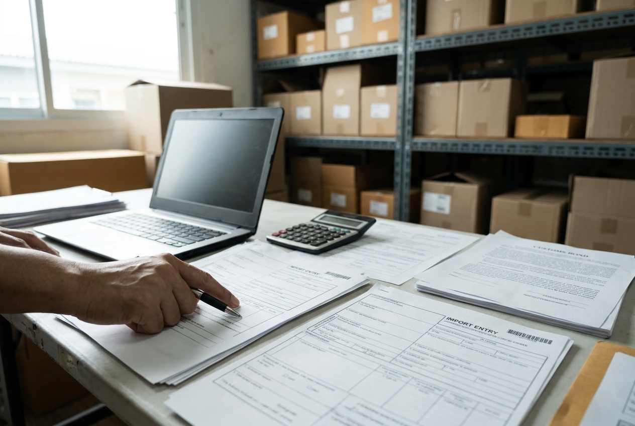 Customs broker reviewing import entry documents and a bond form on a warehouse office desk