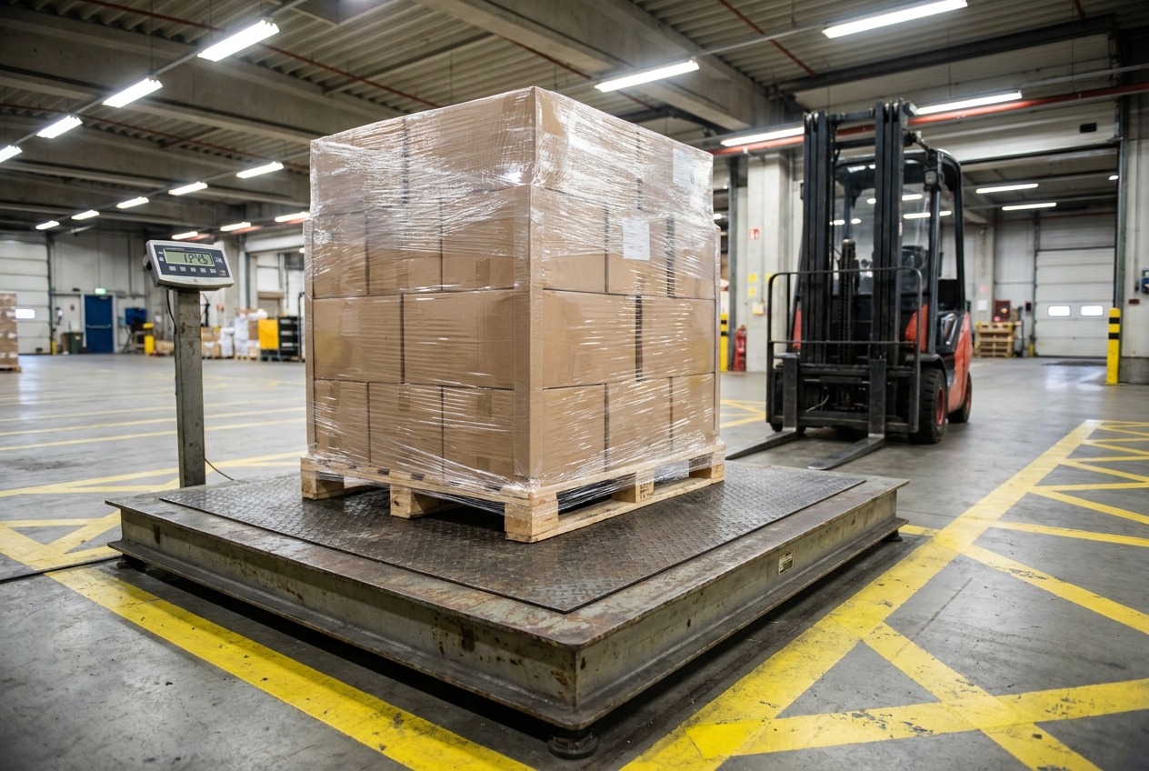 A shrink-wrapped LTL pallet sitting on a floor scale at a freight terminal being reweighed before billing