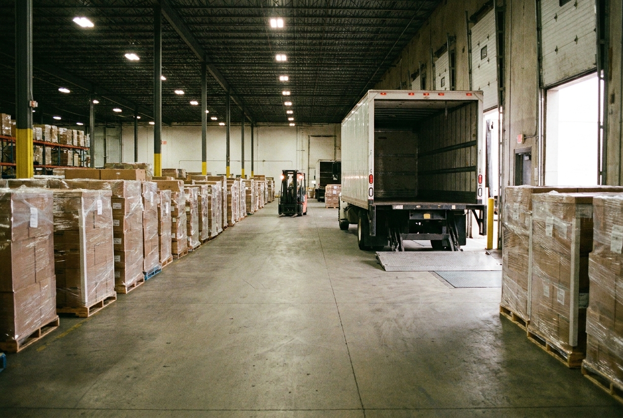 An LTL freight cross-dock terminal with sorted pallets and a liftgate delivery truck backed into a dock door