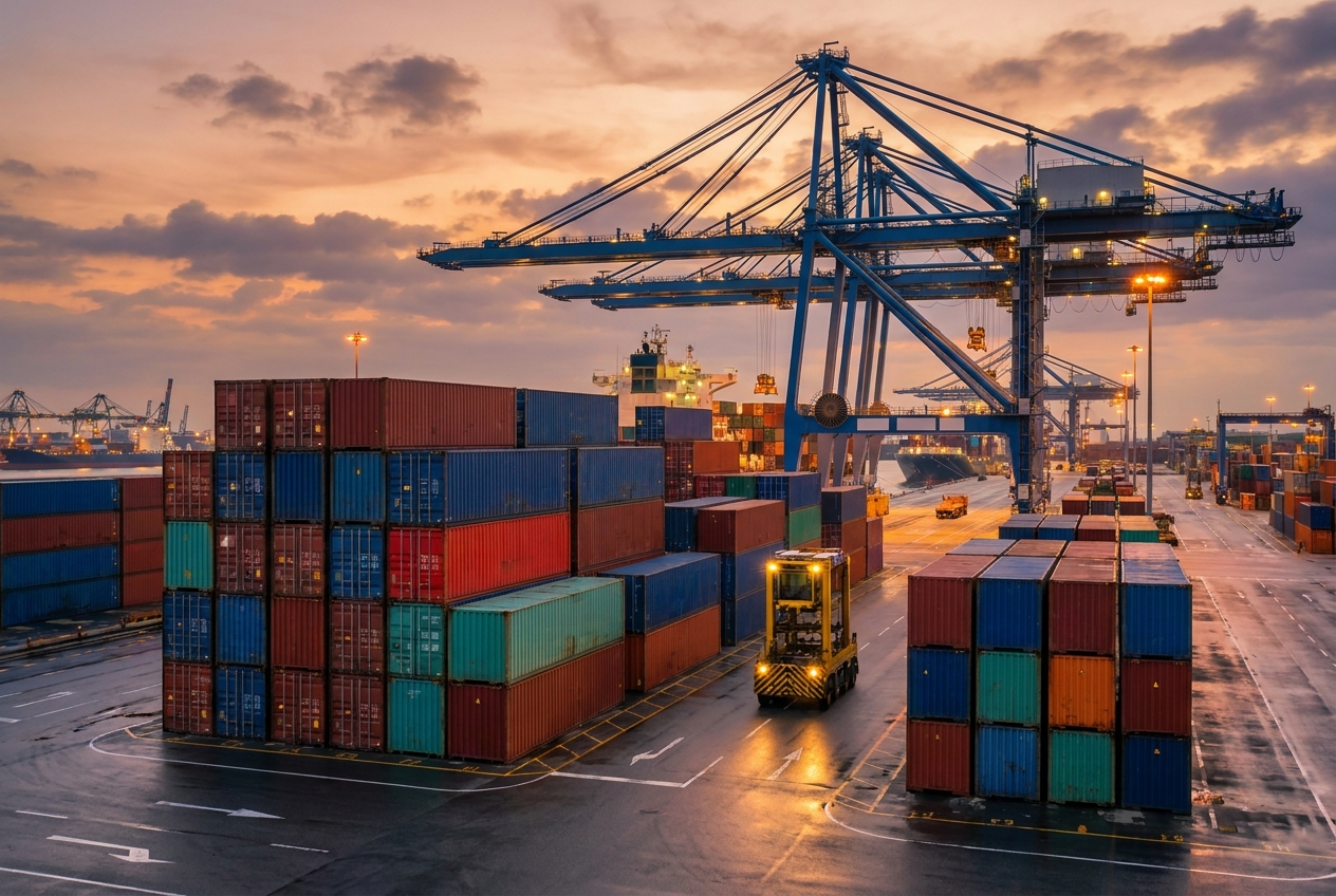 Stacked shipping containers beside a gantry crane at a busy ocean freight terminal at dusk