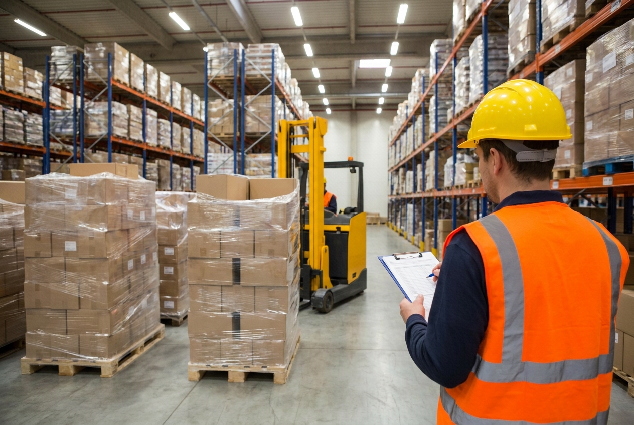 Warehouse worker in a hard hat checking a clipboard beside shrink-wrapped pallets staged for consolidation