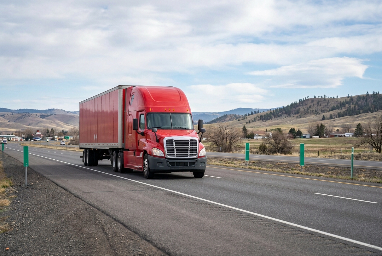 Dry van tractor-trailer on an interstate highway between two regional freight markets at daytime
