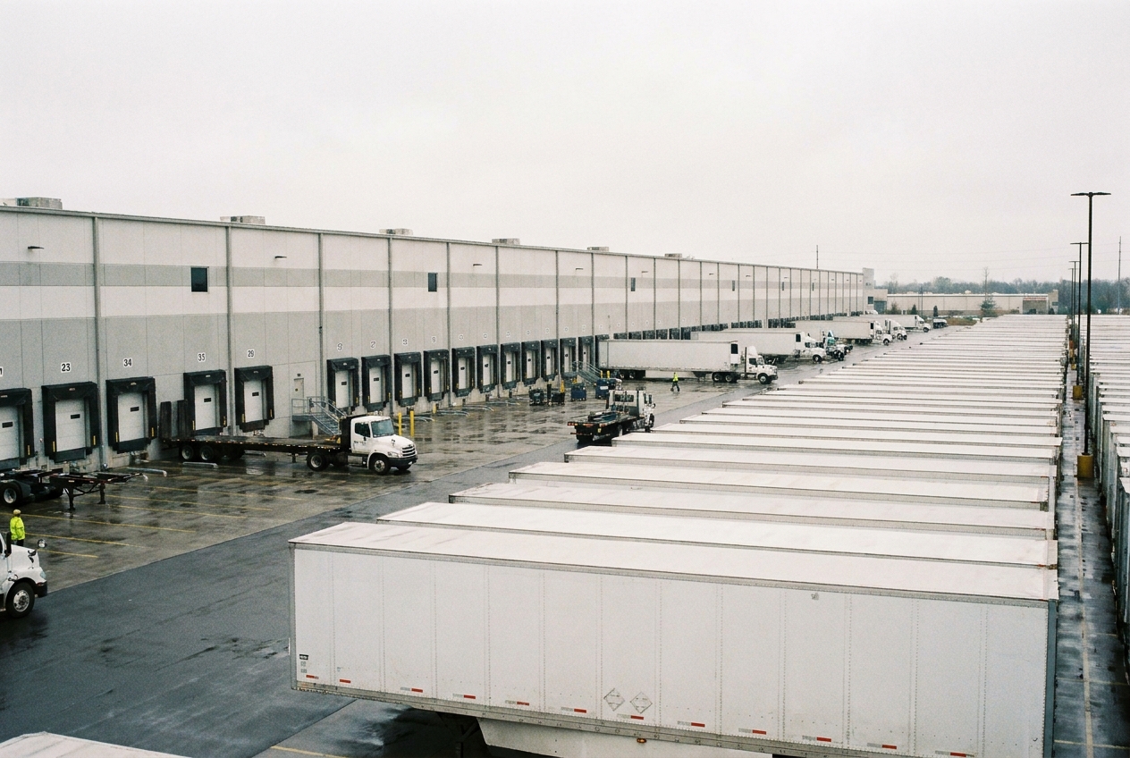 Row of parked dry van trailers at a busy distribution yard with loading dock doors