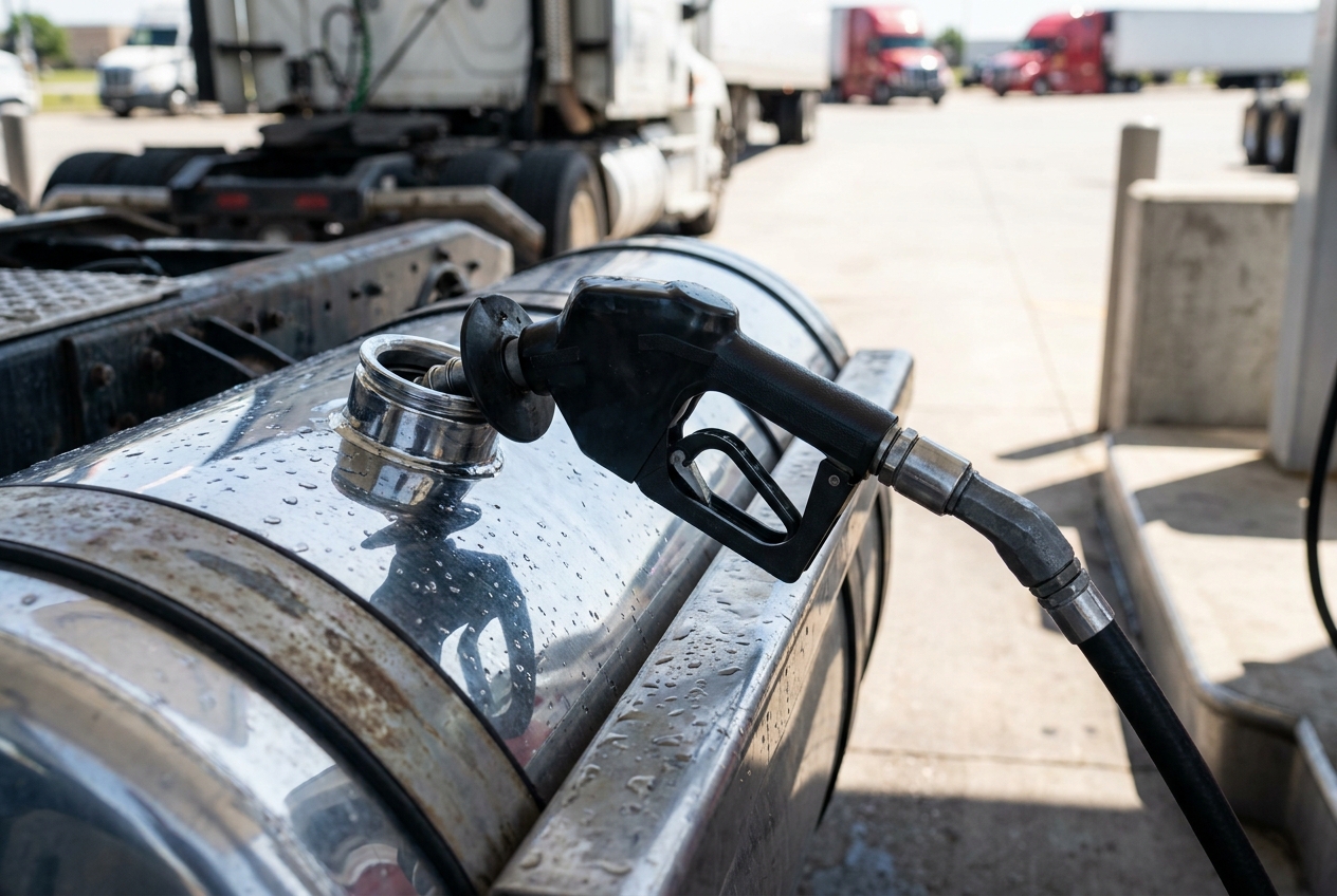 Diesel fuel nozzle inserted into the saddle tank of a semi truck at a highway fueling island