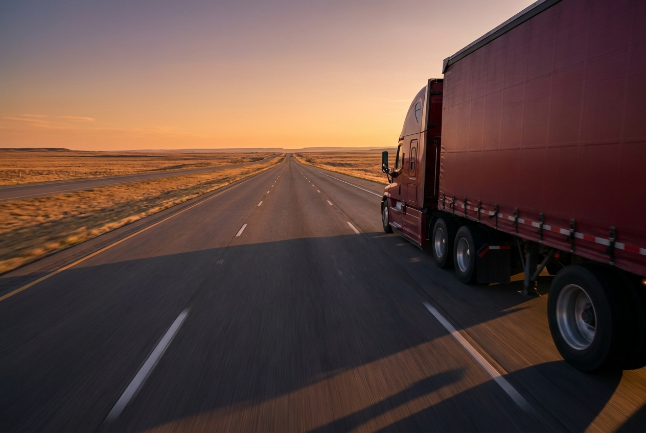 Red tractor-trailer traveling on an open interstate highway at sunset