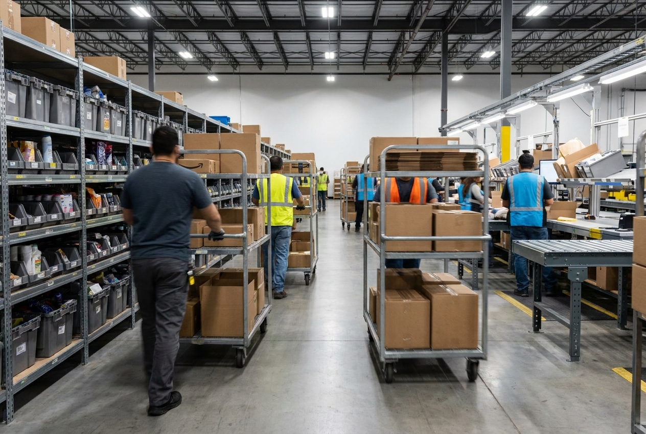 Workers on a fulfillment center floor moving corrugated shipping boxes past rows of shelving toward packing stations