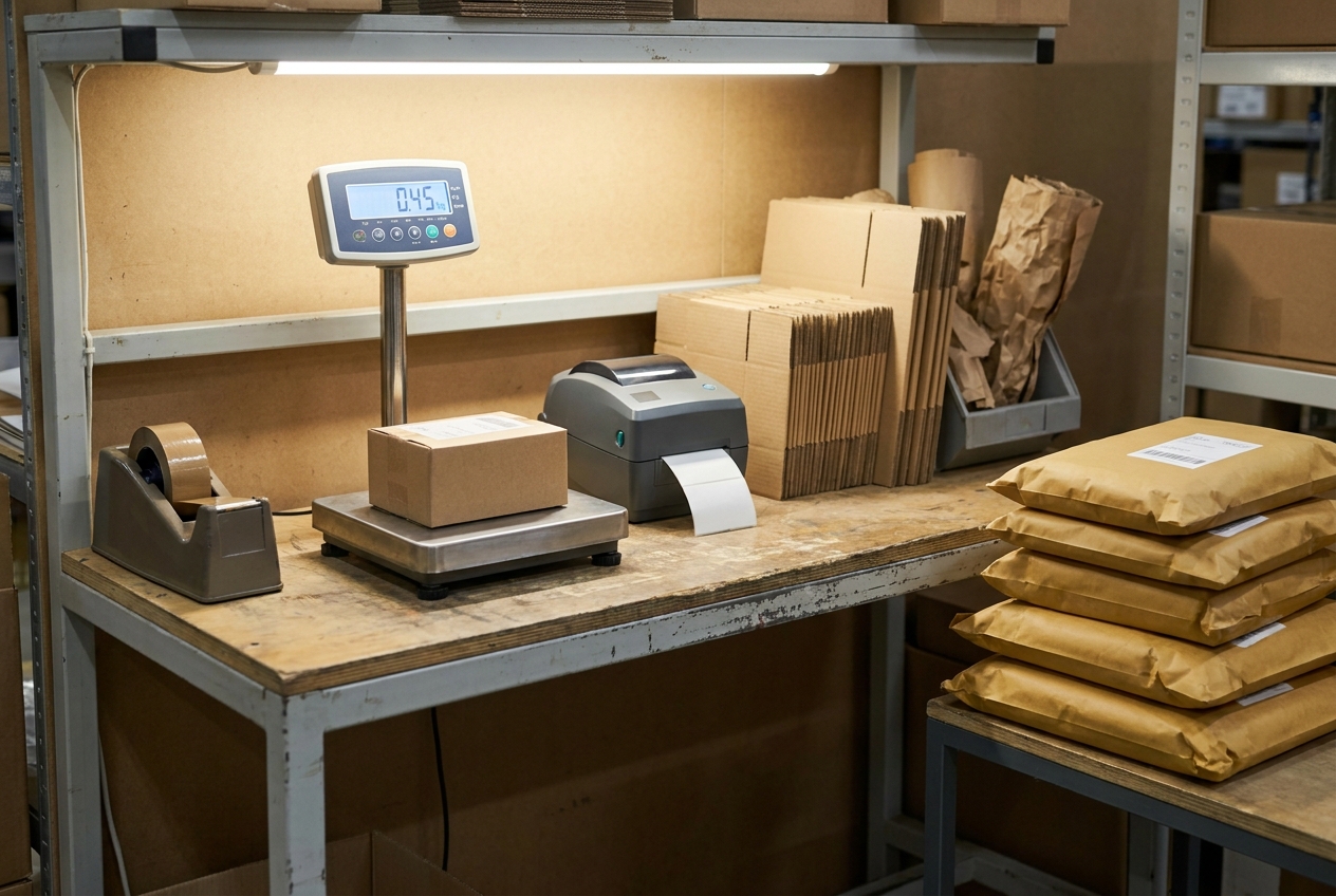Packing station inside a fulfillment center with a scale, tape dispenser, thermal shipping label printer, and stacked outbound parcels
