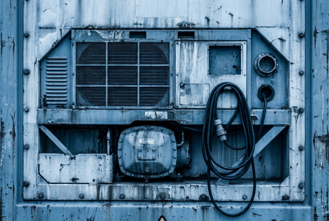 Machinery end of a refrigerated shipping container showing the refrigeration unit grilles, compressor, and a coiled power cable