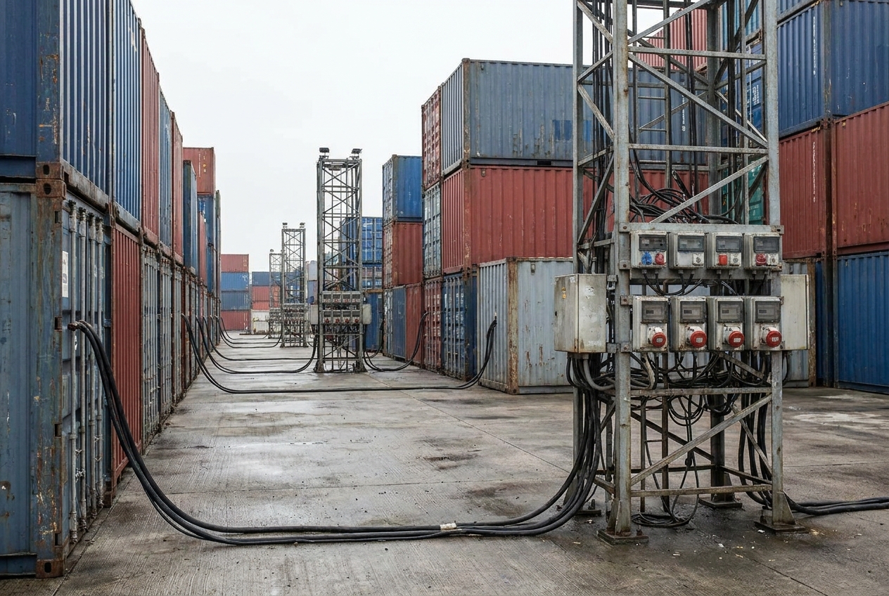 Rows of refrigerated shipping containers plugged into powered reefer racks at a port terminal with heavy power cables