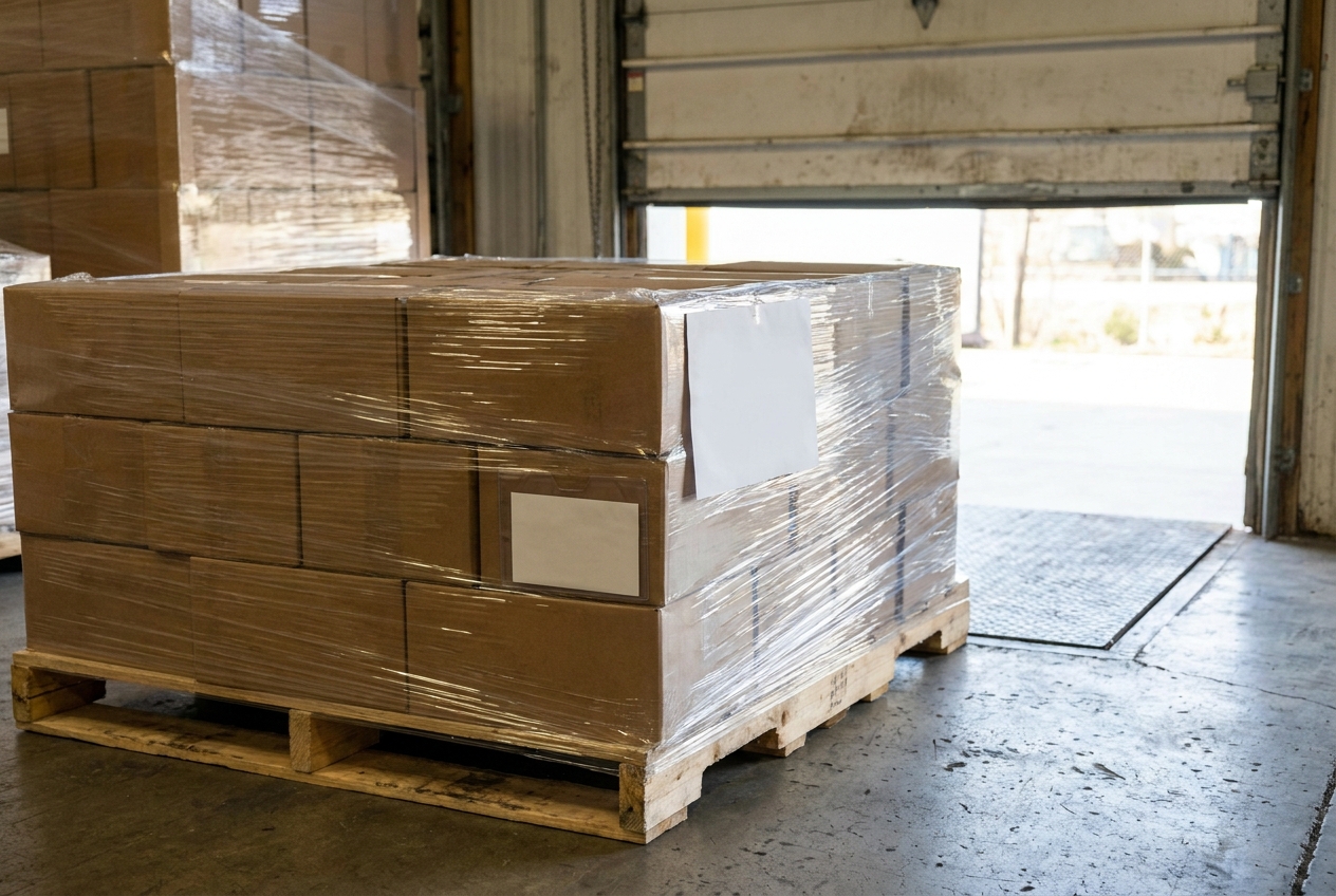 Pallets of retail vendor cartons wrapped and labeled on a warehouse dock next to a printed shipping label