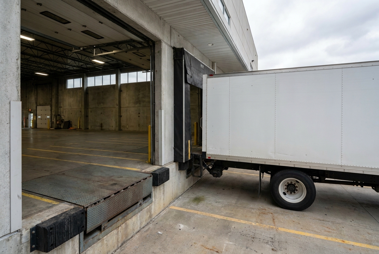 Box truck backed into a retail distribution center dock door during a scheduled delivery appointment window
