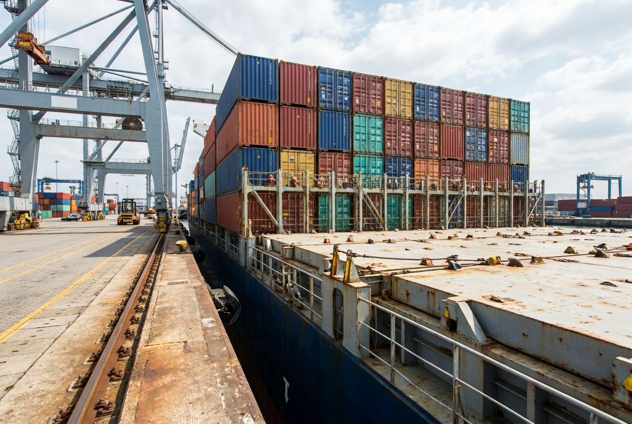 Stacked shipping containers on an ocean freight vessel at a container terminal