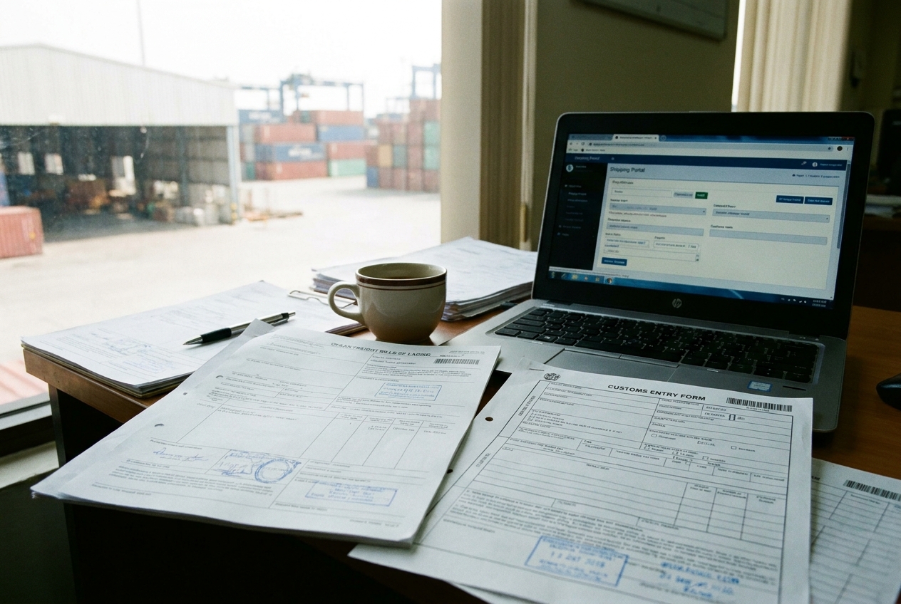Freight documents and a laptop on a desk at a shipping office reviewing ocean cargo paperwork