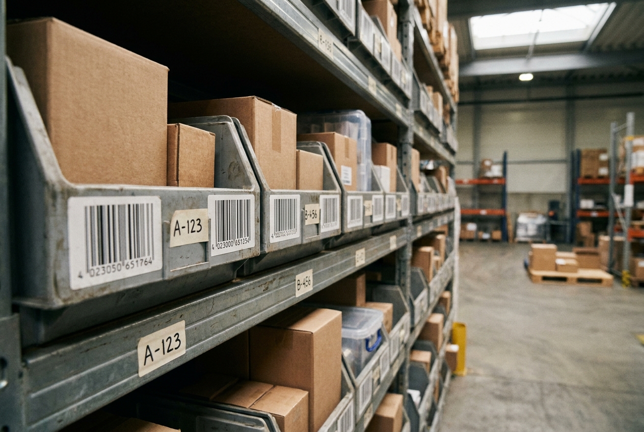 Warehouse shelving with barcode labels and SKU tags on stacked product bins in a fulfillment center