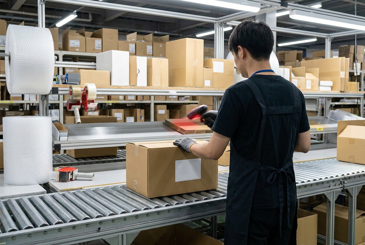Ecommerce fulfillment worker scanning a labeled carton at a pick and pack station with shelving in the background