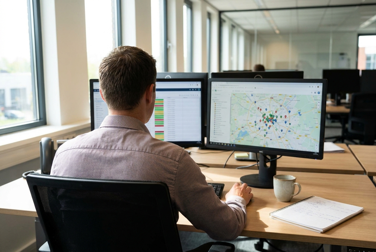 Logistics coordinator reviewing carrier rates and shipment routes on a dual-monitor transportation management dashboard in an office
