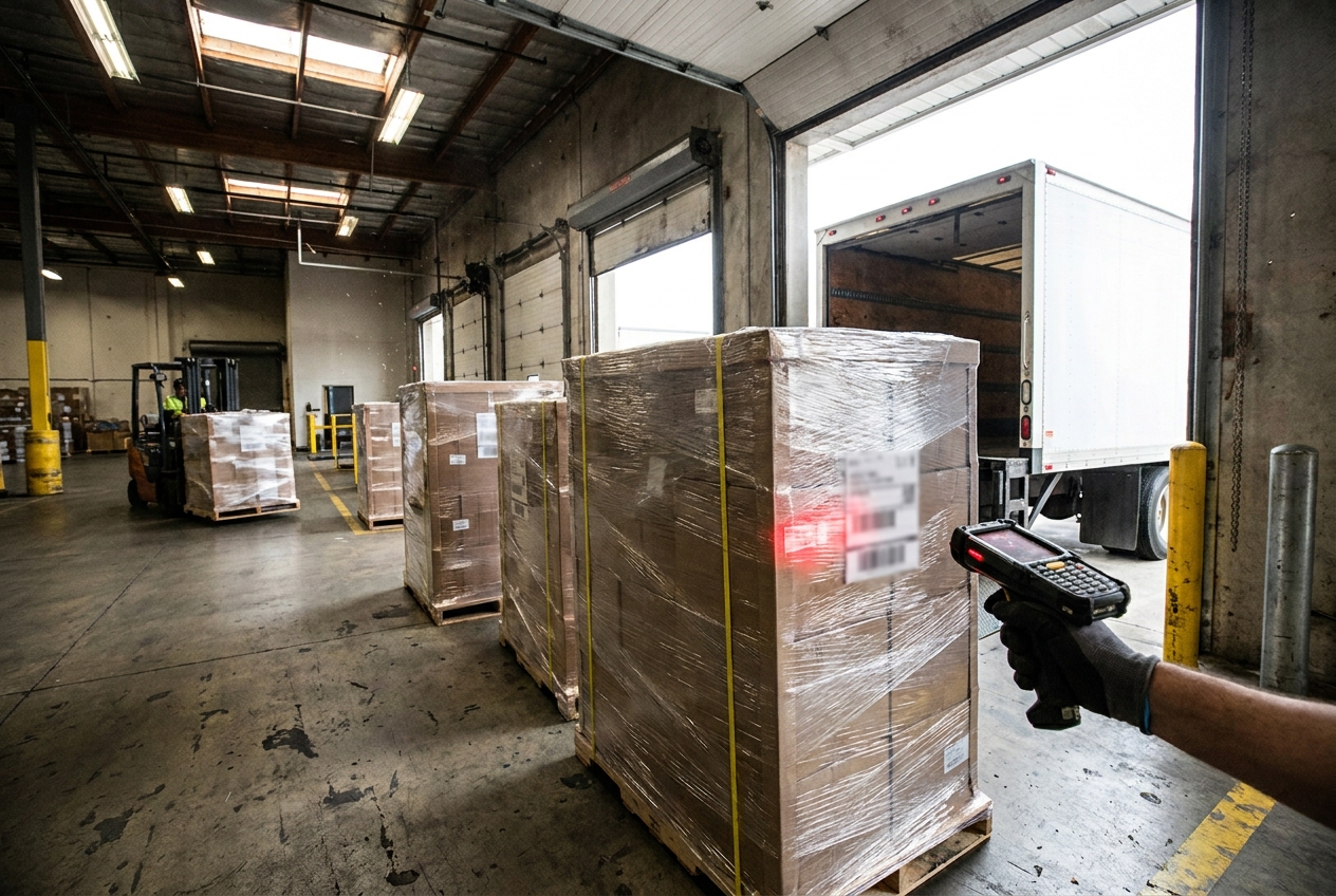 Warehouse dock with LTL pallets staged beside a box truck while a worker scans freight for tendering and tracking