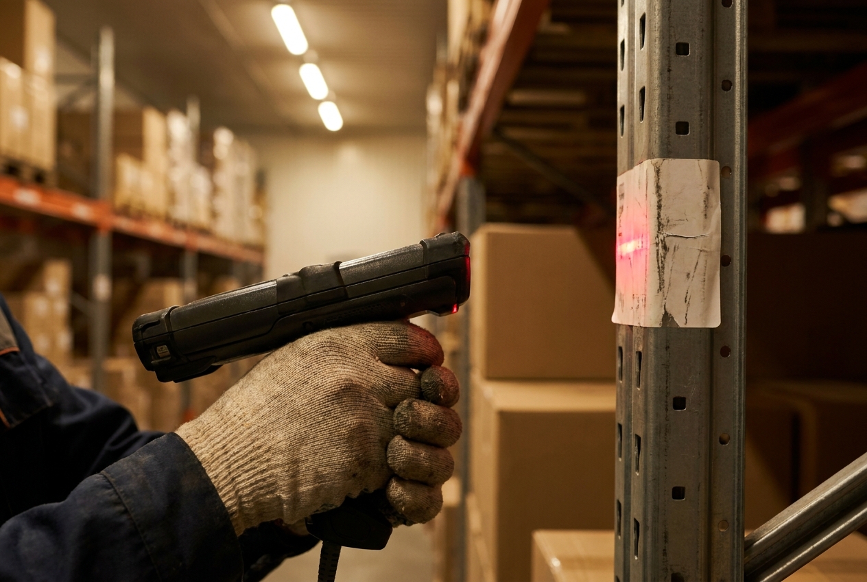 Warehouse worker using a handheld barcode scanner to confirm a pallet location in a racking aisle