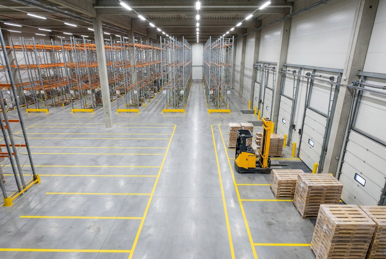 Overhead view of a warehouse floor with numbered racking aisles, a forklift, and staged pallets near loading docks