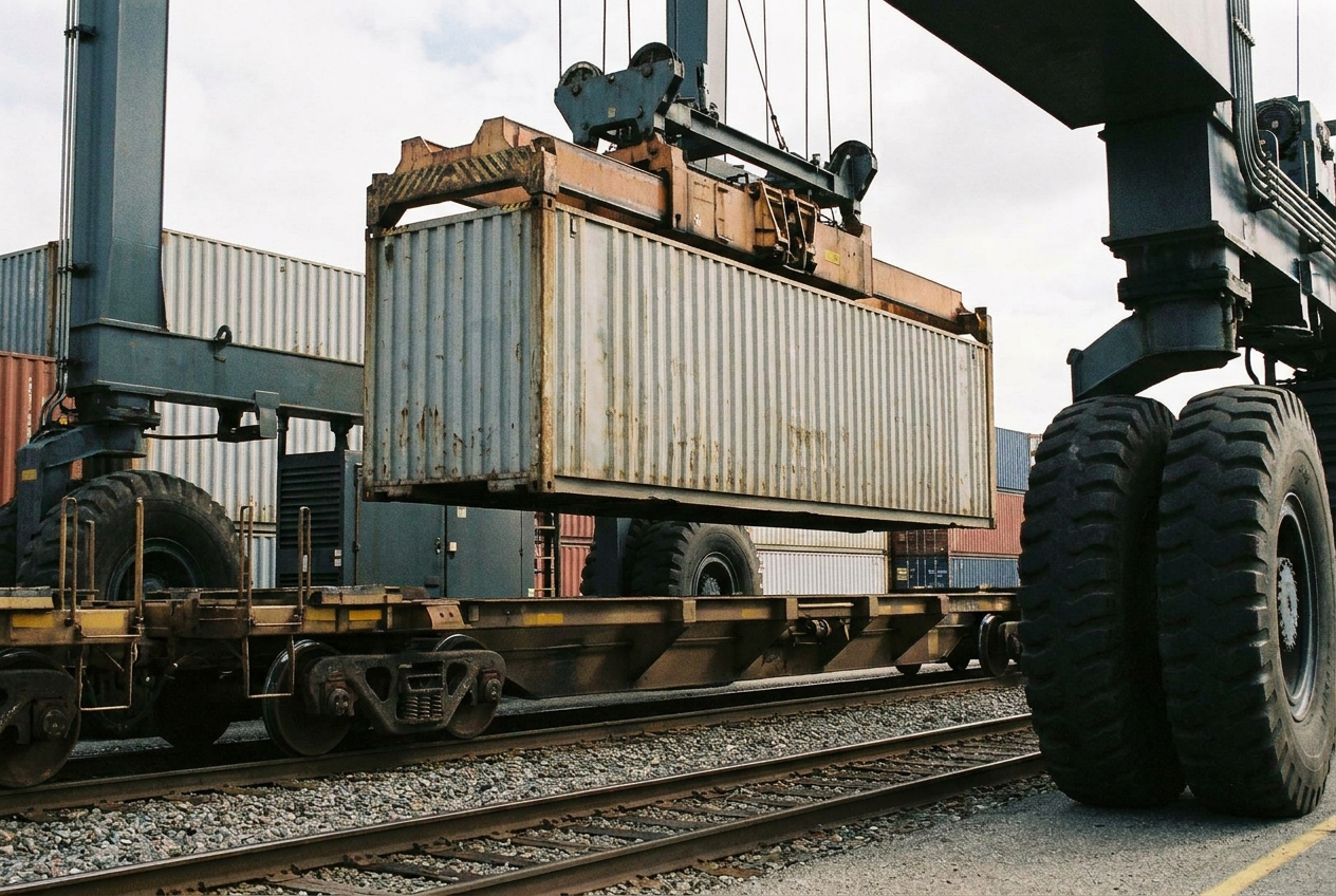 Rubber-tired gantry crane lifting a shipping container onto a double-stack rail well car at an intermodal ramp
