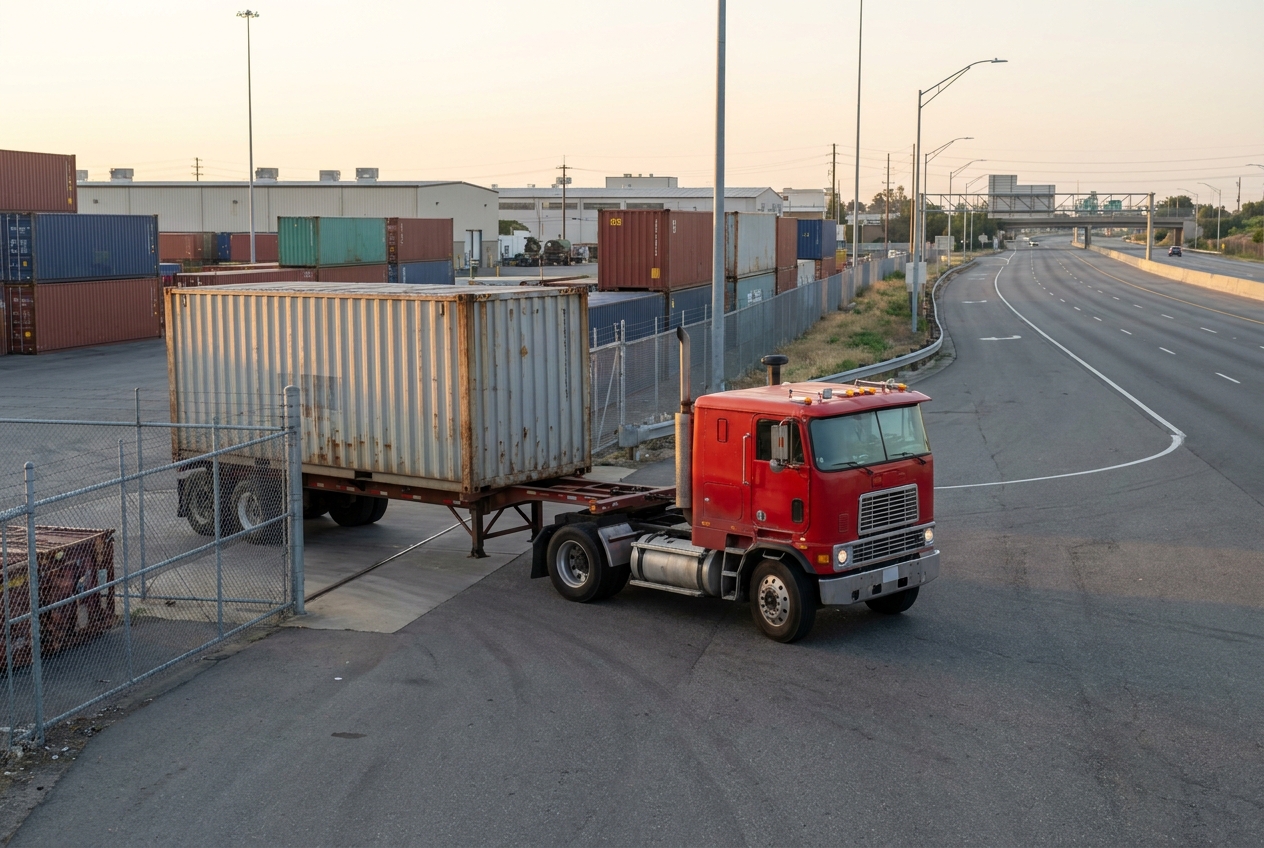 Drayage truck with a container chassis leaving an intermodal rail terminal gate onto a highway