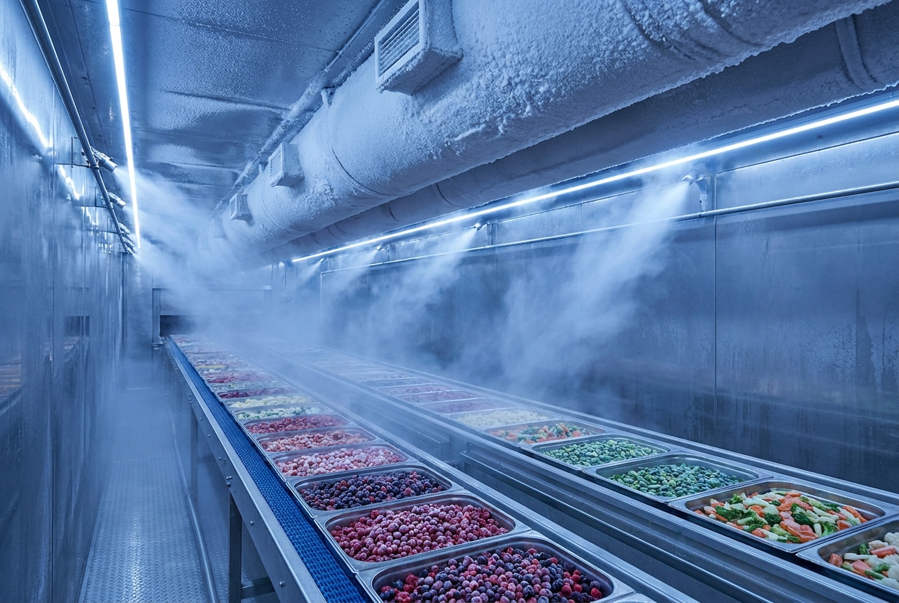 Trays of product moving through a blast freezer tunnel with frost on the stainless surfaces and cold air ducts overhead