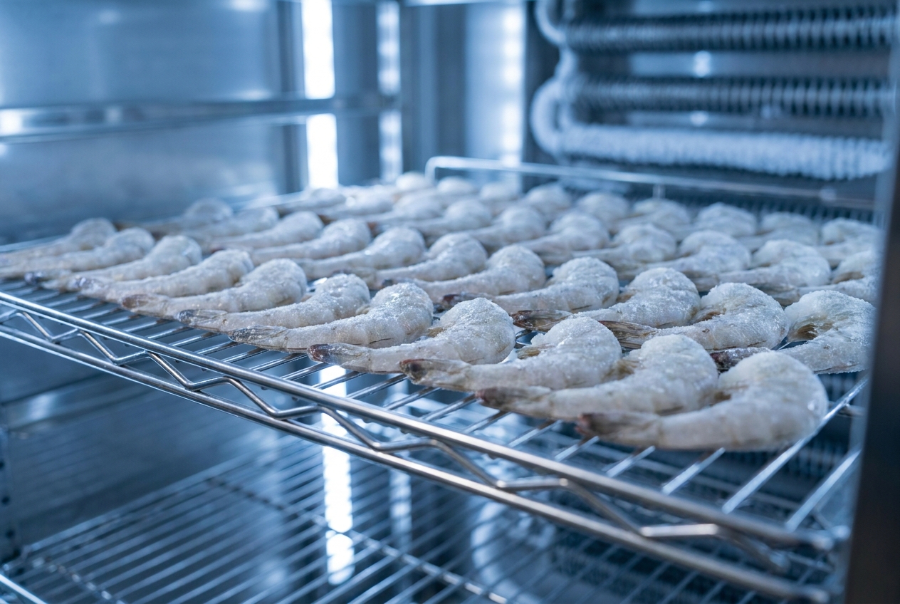 Individually quick frozen shrimp spread in a single layer on a stainless steel freezer rack in a cold room