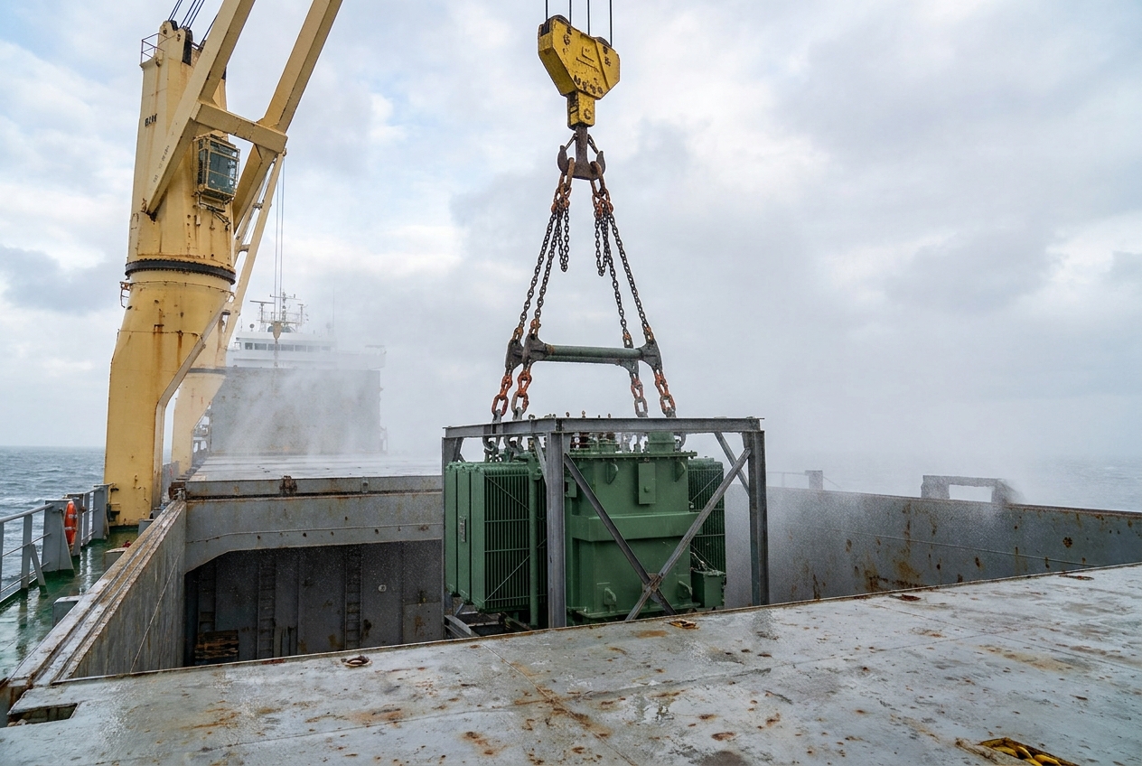 Heavy-lift breakbulk vessel at a multipurpose port lifting a large industrial machine crate aboard with its onboard crane