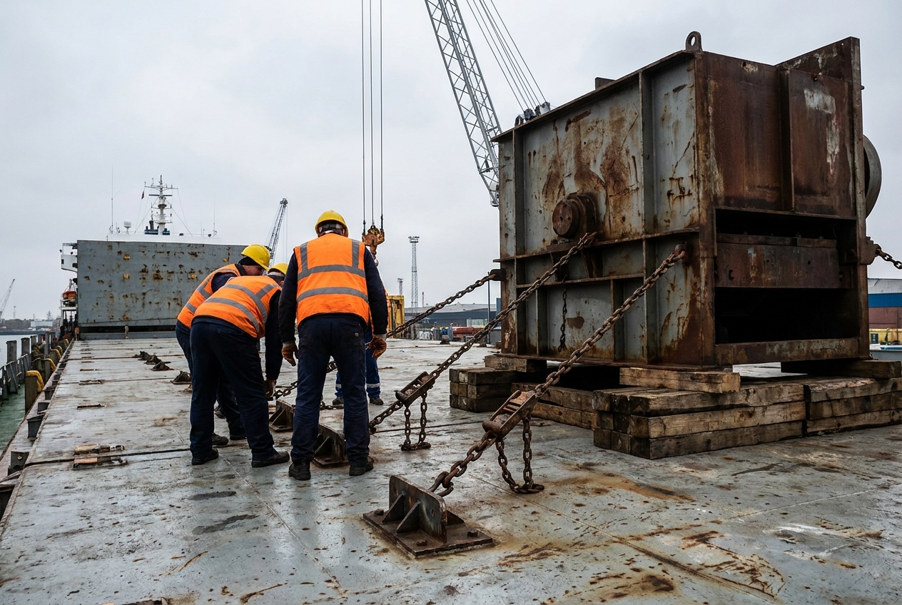 Dock workers rigging chains and lashings to secure a large steel machine on the open deck of a breakbulk ship