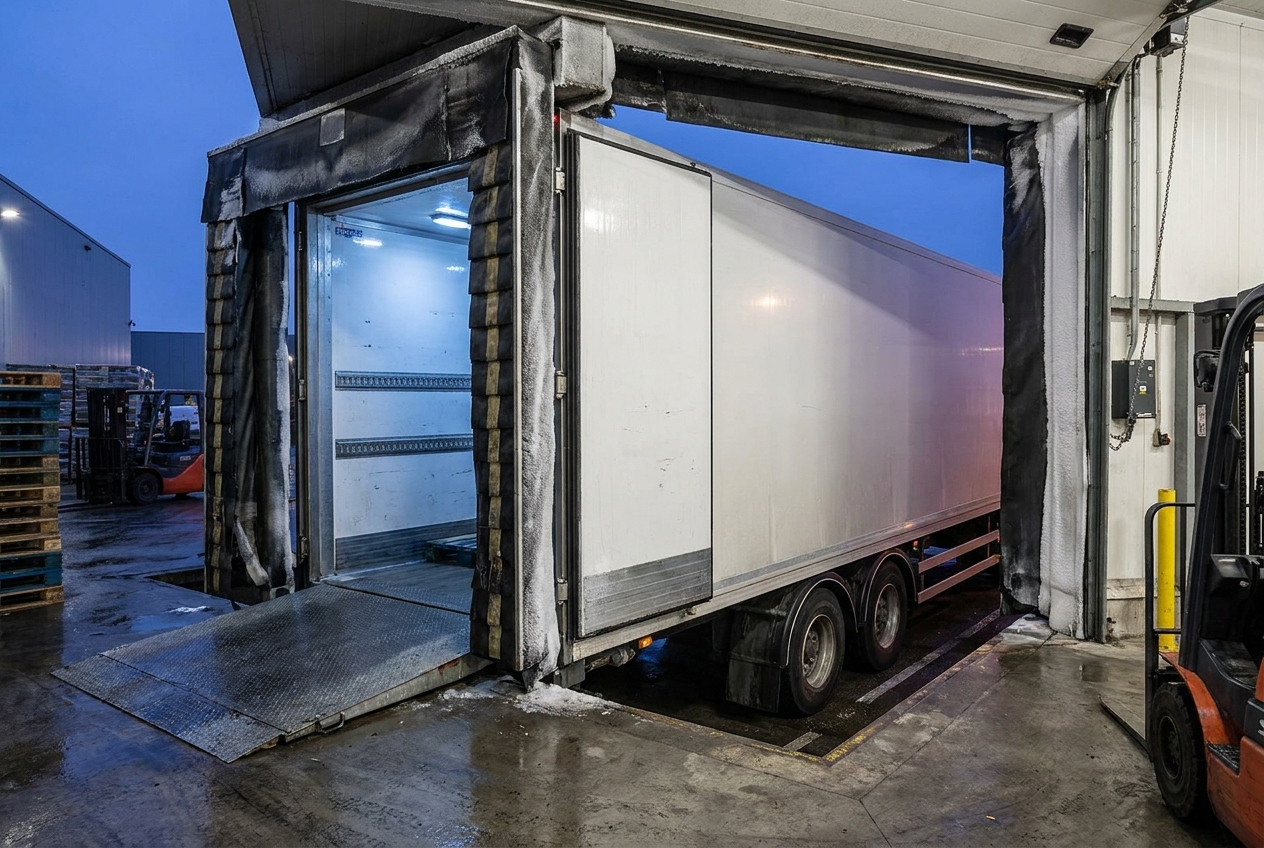 Refrigerated reefer trailer backed into a cold-storage warehouse dock door with frost on the trailer seals