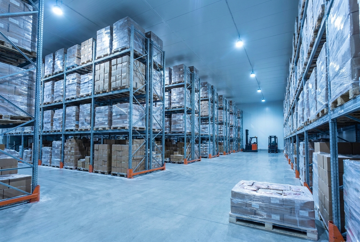 Rows of stacked pallets holding boxed frozen food inside a refrigerated warehouse with visible frost and cold-storage racking