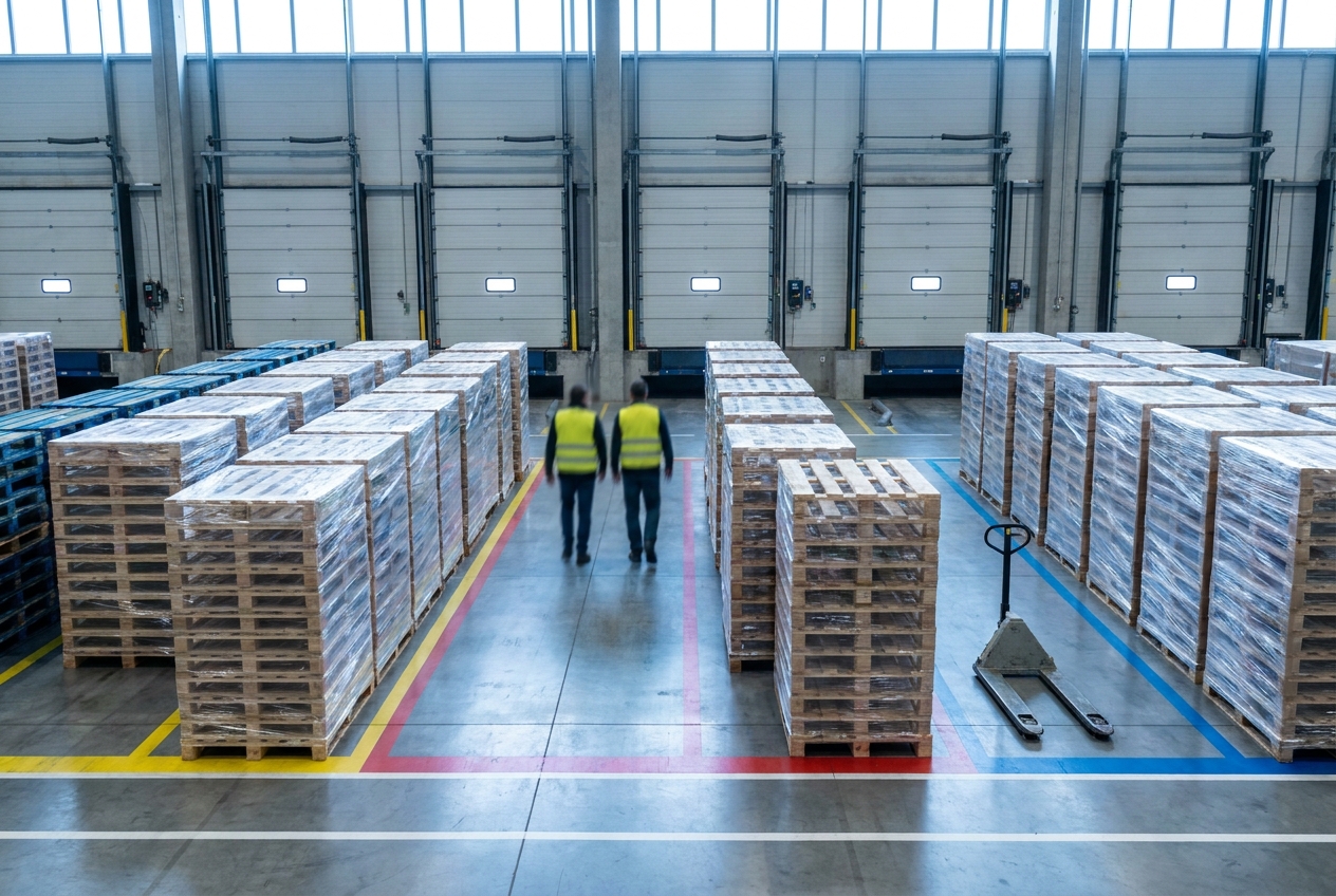 Pallets staged in outbound lanes on a cross-dock floor between inbound and outbound dock doors