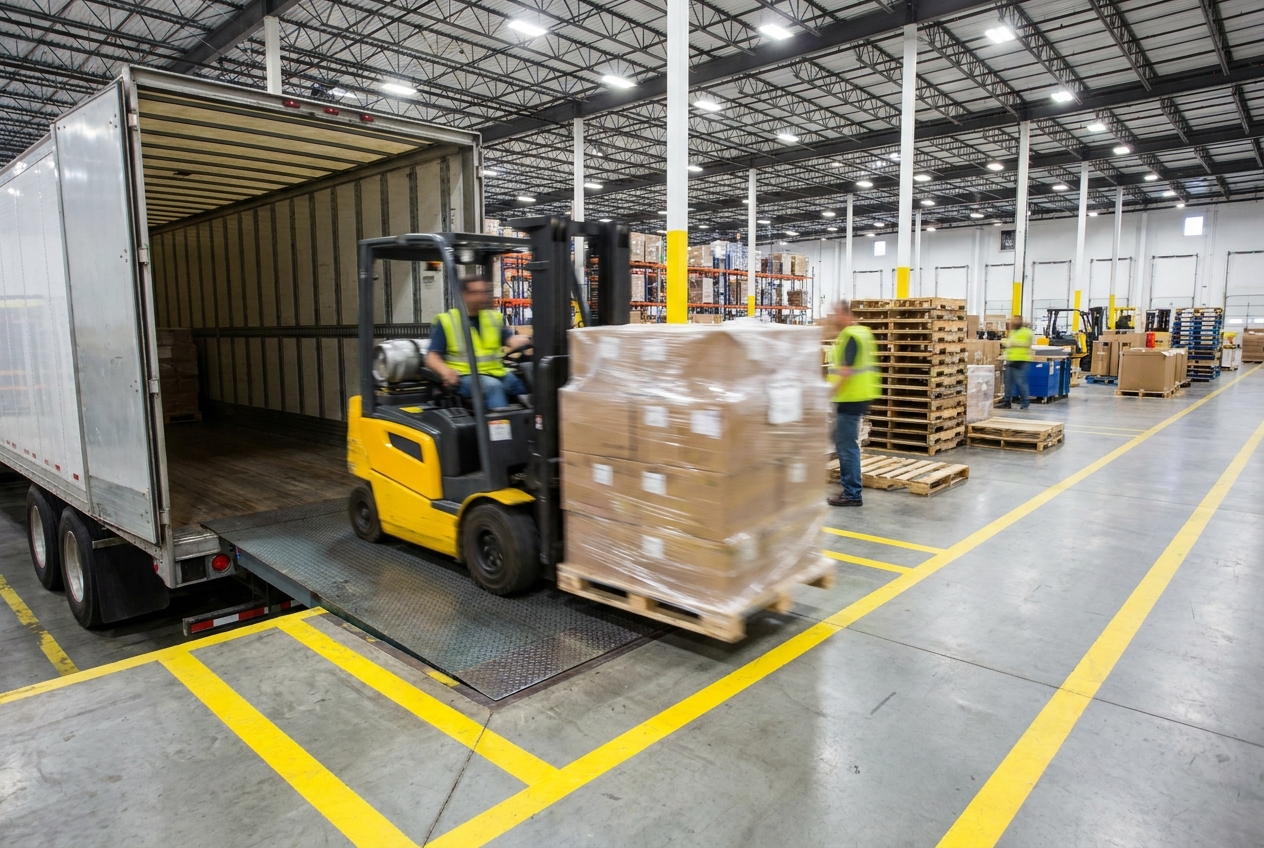 Forklift moving a shrink-wrapped pallet from an inbound trailer toward staging lanes on a distribution dock