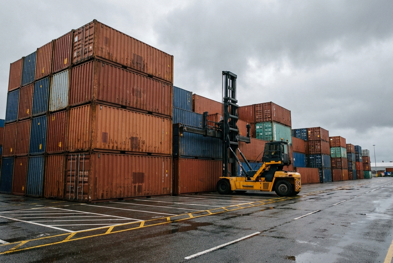 Stacked shipping containers at a marine terminal waiting for customs release