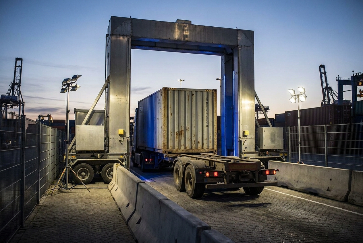 Customs officer using an X-ray container scanner to examine an import at a port of entry