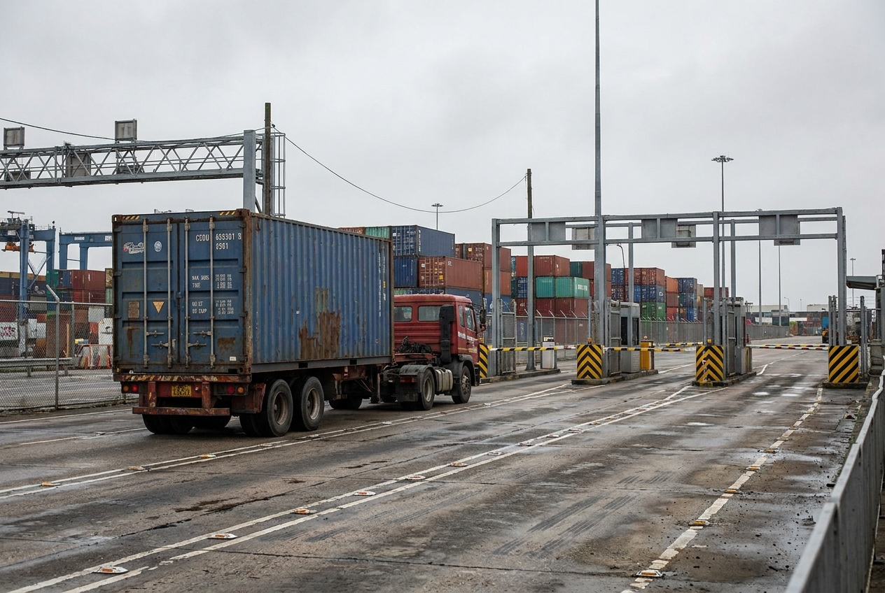 Port container yard with stacked ocean containers and a drayage tractor pulling a container on a chassis toward the exit gate